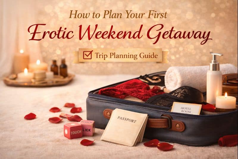 Open suitcase with lingerie, rose petals, candles, massage oil, passport, and hotel room card—everything you need for planning the ultimate erotic weekend getaway. Let our guide inspire your next passionate escape.