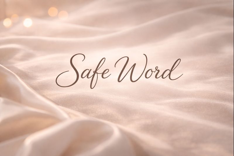 The words "Safe Word" in cursive font appear on a soft, beige, satin-like fabric background with gentle lighting, subtly nodding to the importance of safe words in kink.