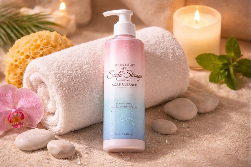 A pump bottle of soap cleaner sits on a rolled white towel, surrounded by stones, a pink orchid, mint sprig, lit candle, and palm leaf—perfect for swinger toy cleaning or learning how to clean sex toys safely and effectively.