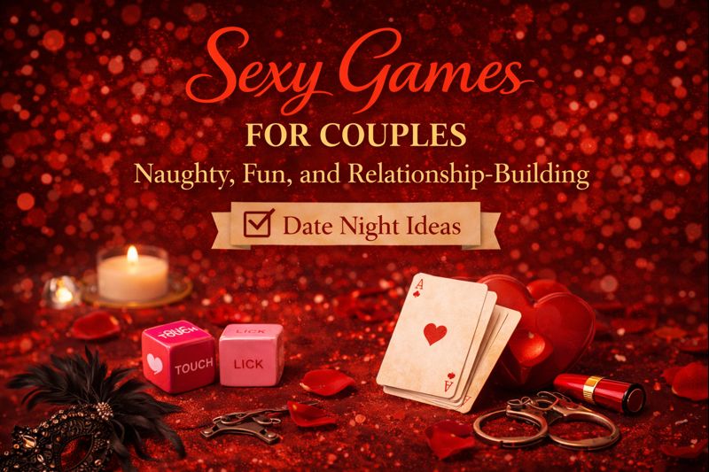 Sexy Games for Couples: Naughty, Fun, and Relationship-Building 2 A romantic-themed setup with candles, playing cards, dice, heart-shaped items, a mask, and handcuffs—perfect for sexy games for couples and unique date night ideas.
