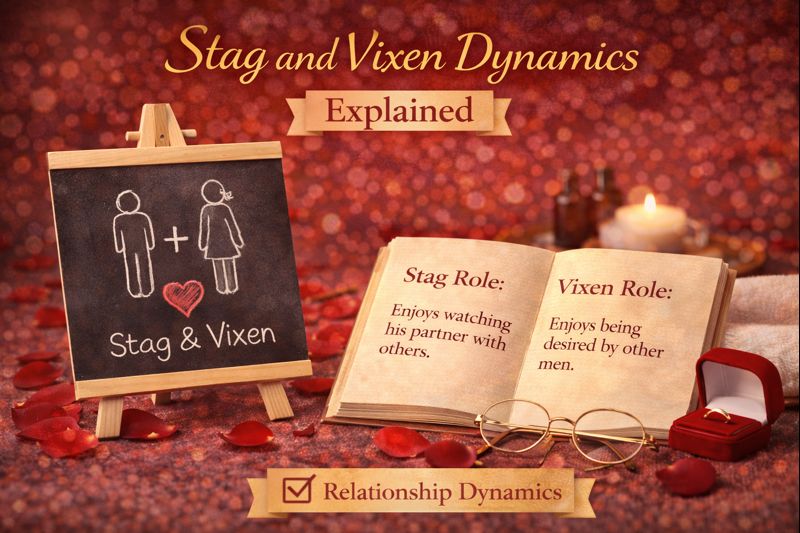 A chalkboard shows stick figures labeled "Stag & Vixen"; text explains the stag and vixen dynamic, where he enjoys watching his partner with others, while she delights in being desired by other men. Romantic decor is present.