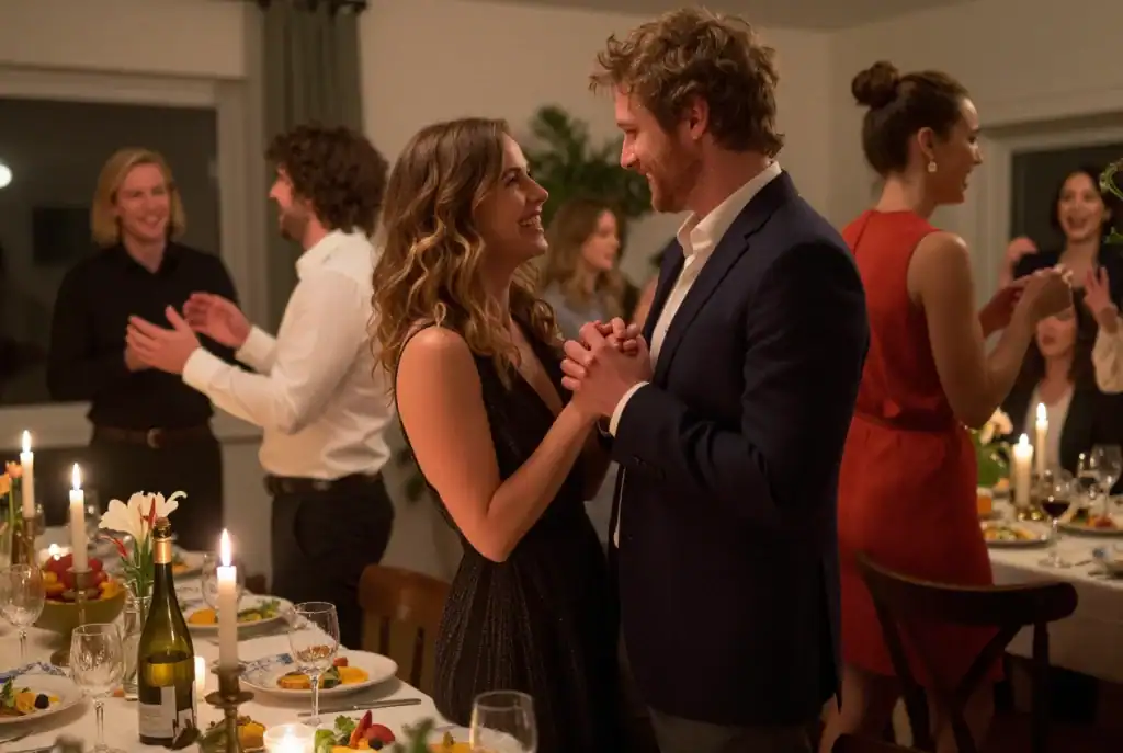 A couple holds hands and smiles at each other while standing near a dinner table at a candlelit gathering with friends, showing how to stay connected as a couple during group experiences.