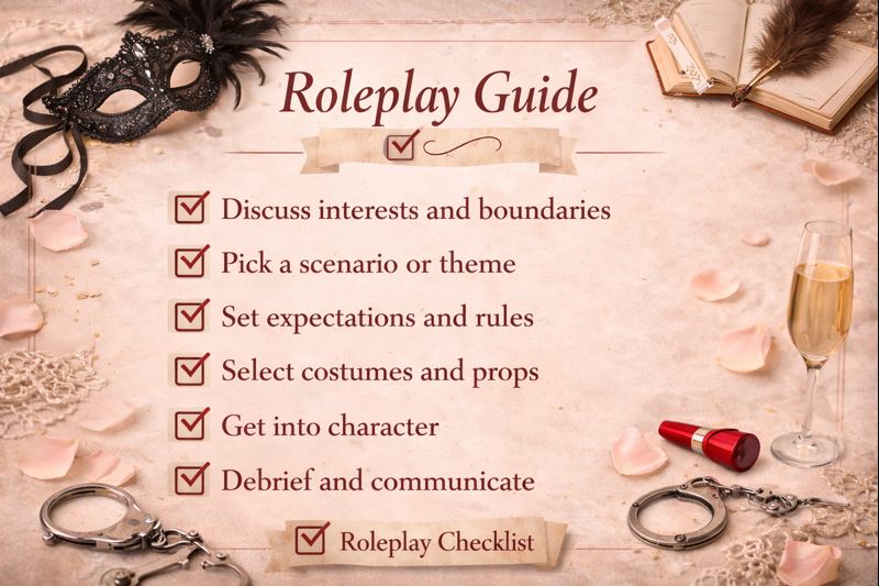 A checklist titled "Roleplay Guide" with steps for stranger roleplay, surrounded by props like a mask, handcuffs, champagne, rose petals, and a notebook.