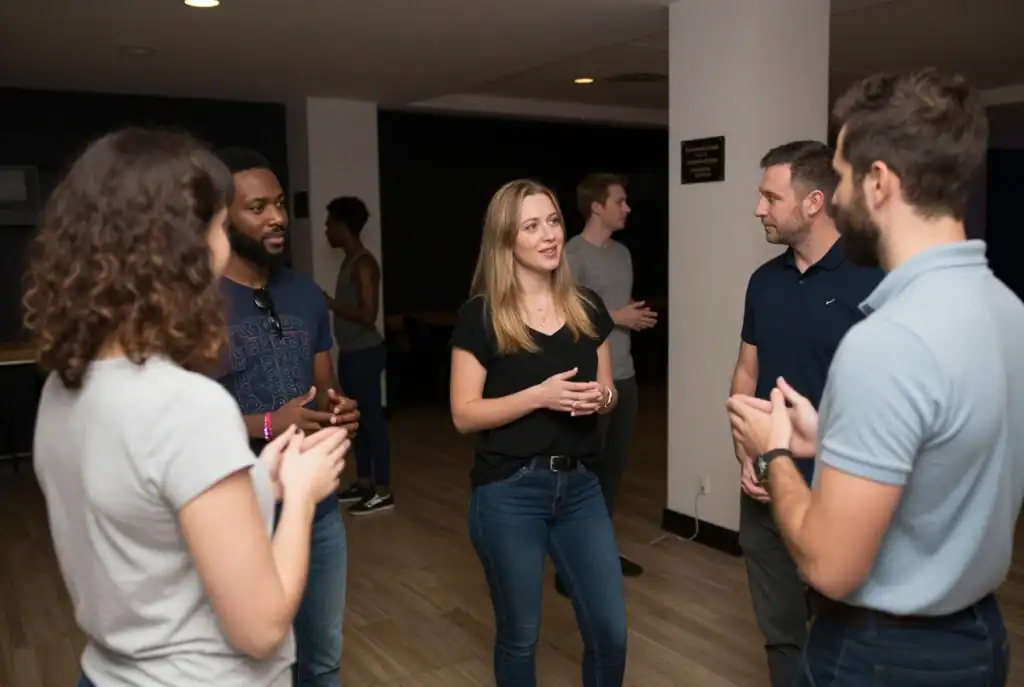 Swinger Club Etiquette: Dos and Donts for First Timers 2 A group of people stand in a room, engaged in conversation. Some are talking in pairs or small groups, casually observing swinger club etiquette as they mingle.