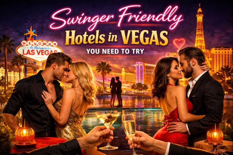 Swinger Friendly Hotels in Vegas You Need to Try 2 Four people in evening attire embrace in pairs at a table with drinks, beneath a neon "Swinger friendly hotels in Vegas" sign, set against the vibrant backdrop of the Las Vegas Strip.