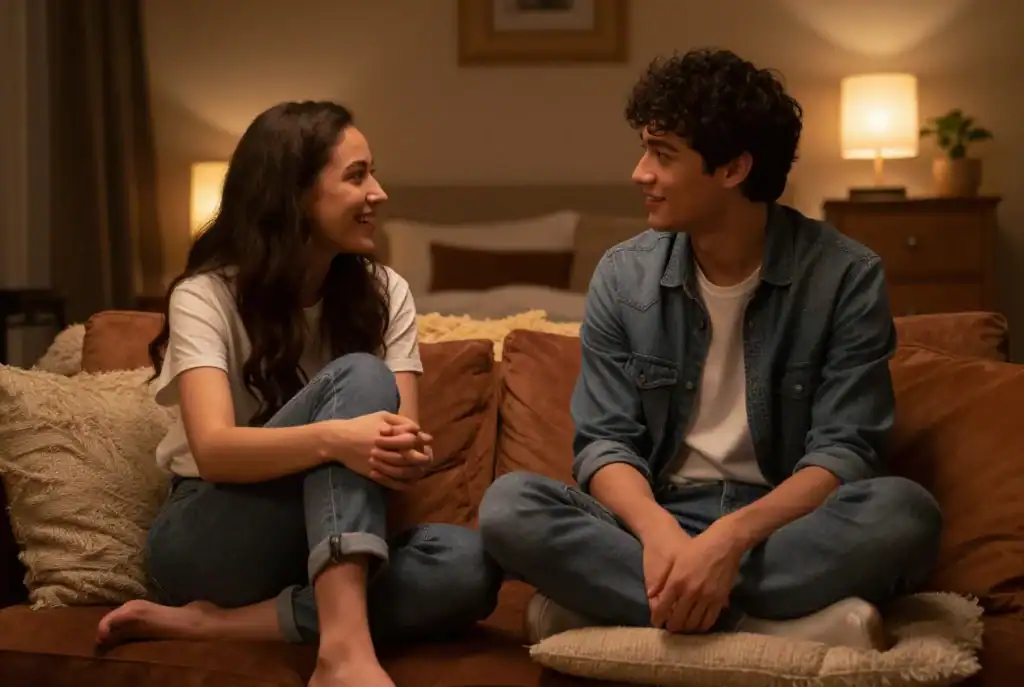 A young woman and man sit cross-legged on a couch indoors, facing each other and smiling in their jeans and casual tops, comfortable enough to talk about fantasies without feeling awkward.