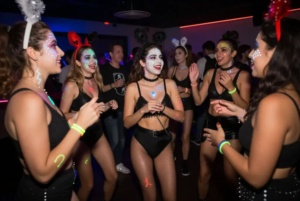A group of women in black costumes with face paint and glow accessories dance together at a party, with colorful lights in the background—capturing the excitement of swinger club theme nights explained.