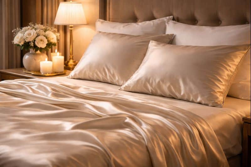 Best Threesome Friendly Toys For Couples Plus One 2 A neatly made bed with cream-colored satin sheets and pillows, beside a nightstand with a lamp, white flowers, lit candles, and discreet toys for couples plus one—perfect for adding excitement to your evening.