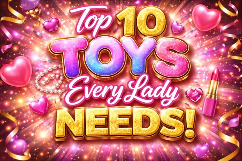 Top 10 Toys Every Hotwife Should Try 2 A colorful graphic with bright text reading "Top 10 Lifestyle Toys for Women!" surrounded by hearts, pearls, lipstick, and confetti on a sparkly background.