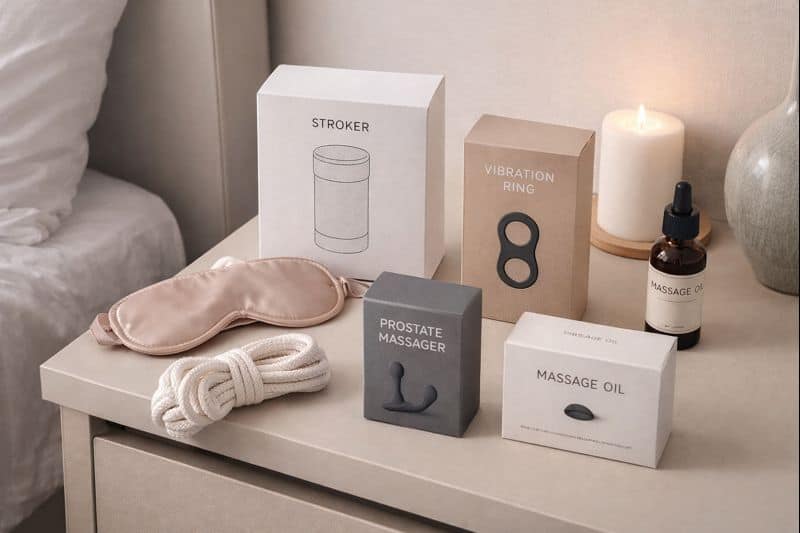 Various sexual wellness products, including some of the top 10 toys for men that enhance couple play—like a stroker, vibration ring, and prostate massager—are displayed on a bedside table next to a lit candle.