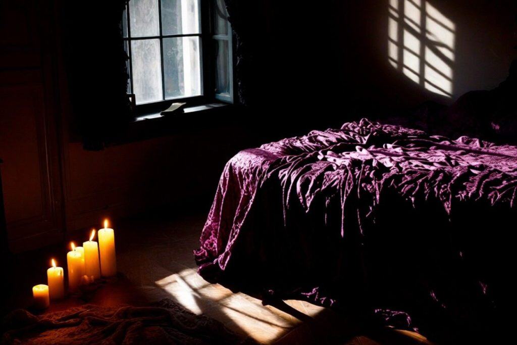 Voyeurism & Exhibitionism: Safe Ways to Try It 2 A dimly lit bedroom with a rumpled purple bedspread hints at voyeurism, as tall candles on the floor and sunlight through the window cast intriguing shadows across the bed.