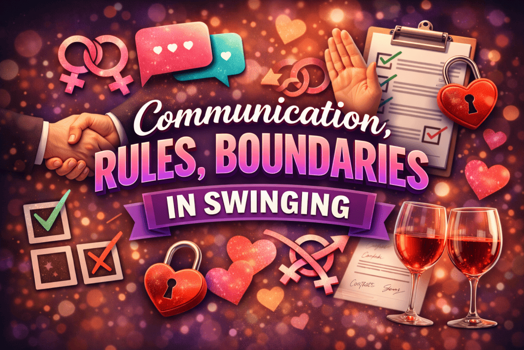 A graphic with icons of checklists, locks, wine glasses, and symbols for communication and boundaries, centered around the text: "Communication, Swinging Rules, Lifestyle Boundaries.