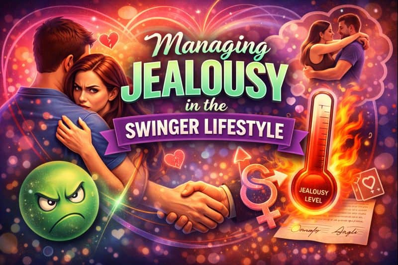 A couple embraces with concerned expressions, surrounded by imagery of swinger jealousy, a thermometer labeled "Jealousy Level," symbols, and the title "Managing Jealousy in the Swinger Lifestyle.