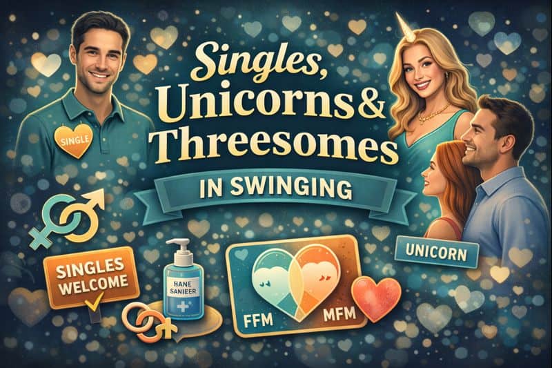 An illustrated poster showing singles, couples, and a woman with a unicorn headband, promoting singles, unicorns, and threesomes in swinging—with symbols related to swinger health safety and privacy in swinging.