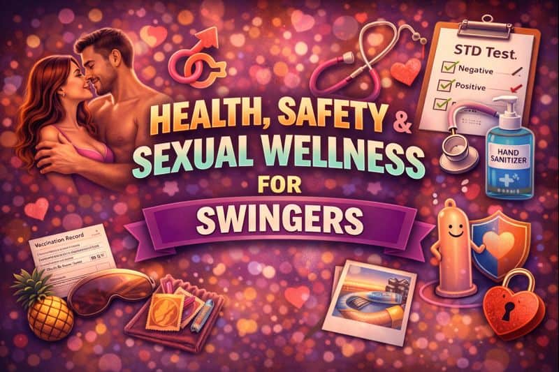 A colorful illustration promoting safe sex for swingers and sexual wellness, featuring a couple, STD test results, condoms, hand sanitizer, vaccination card, and related icons for swinger health safety.