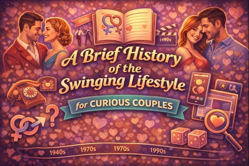 A Brief History of the Swinging Lifestyle 1 Illustration showing couples from different decades, symbols of swinging, and a banner reading "A Brief History of the Swinging Lifestyle for Curious Couples," with a timeline from 1940s to 1990s, exploring how swinging started.