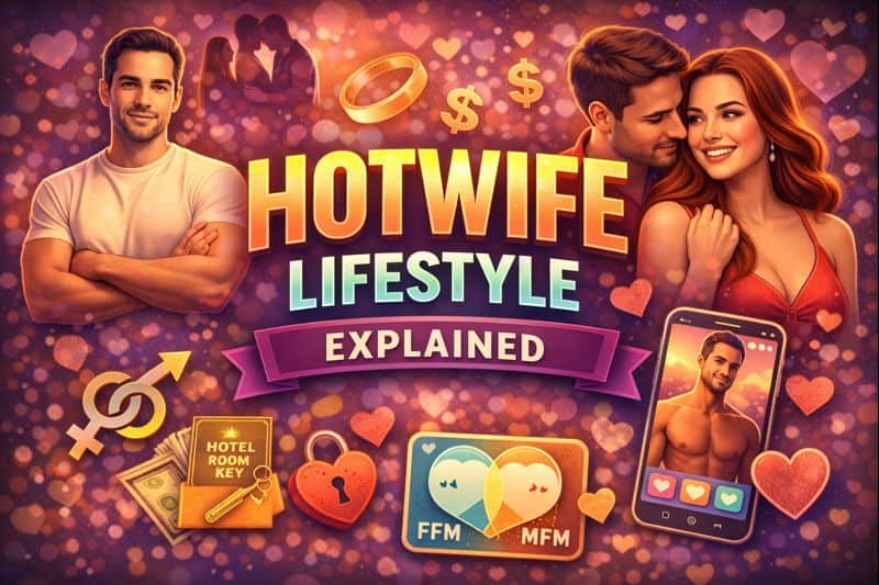 Collage depicts "Hotwife Lifestyle Explained," highlighting hotwife relationship dynamics through a couple, hotel key, dating app, money, rings, gender symbols, and heart icons against a heart-patterned background.