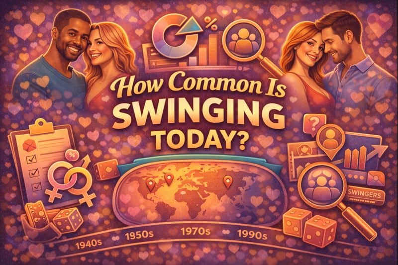 Two smiling couples stand near charts, icons, and a world map, with the text “How Common Is Swinging Today?” and visual cues highlighting modern swinging trends and swinging lifestyle statistics.