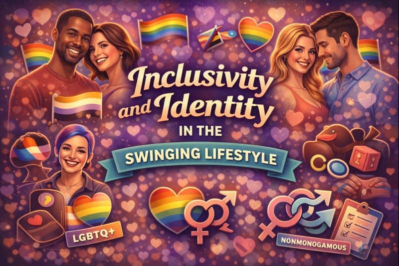 Two diverse couples and symbolic icons illustrate LGBTQ swinging and diversity in swinging, celebrating inclusivity, LGBTQ+ pride, and nonmonogamy within the swinging lifestyle. The text reads: "Inclusivity and Identity in the Swinging Lifestyle.