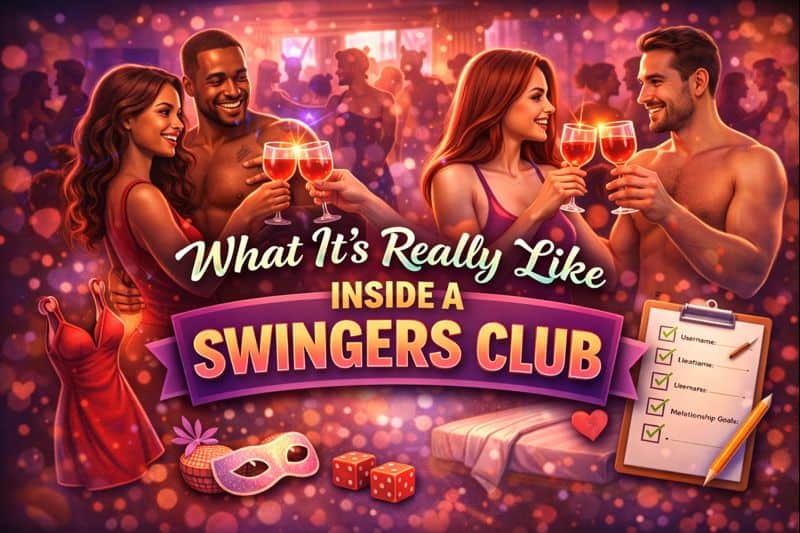 Four people clink glasses in a lively nightclub as a sign reads "What It's Really Like Inside a Swingers Club," with themed items like a mask, dice, and checklist highlighting the unique swinger club experience.