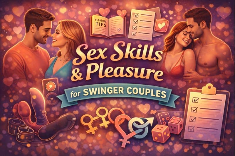 A promotional image for a guide on sex skills and pleasure for swinger couples, featuring couples, checklists, adult toys, swinger symbols, and group play confidence on a heart-patterned background.