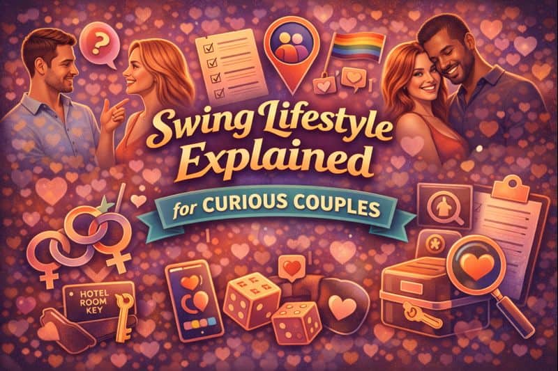 An illustrated poster titled "Swing Lifestyle Explained for Curious Couples," featuring images of couples, checklists, dice, and symbols of consensual swinging and relationship exploration.