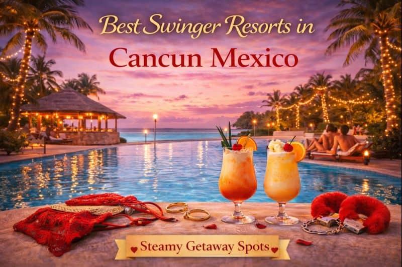 Two tropical cocktails on a poolside table with palm trees and a sunset in the background. Text reads: Best Swinger Resorts in Cancun Mexico, Steamy Getaway Spots at top clothing optional resorts Mexico.