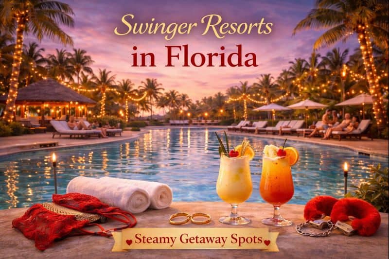 A poolside scene at a tropical resort with two cocktails, towels, lingerie, handcuffs, and rings. "Swinger Resorts in Florida" and "Steamy Getaway Spots" text overlay highlight the best swinger resorts Florida has to offer.