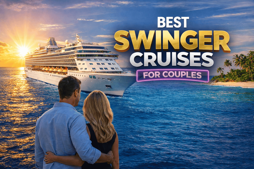 A couple stands on a beach at sunset, gazing at a cruise ship with the text "Best Swinger Cruises for Couples – Featuring Bliss Cruise and Top Adult Cruises for Couples" above them.