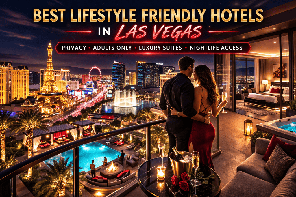 A couple stands on a hotel balcony overlooking the Las Vegas Strip at night, with a view of city lights, pools, and luxury amenities. Text highlights lifestyle-friendly hotels Vegas for those seeking the ultimate Vegas lifestyle accommodations.