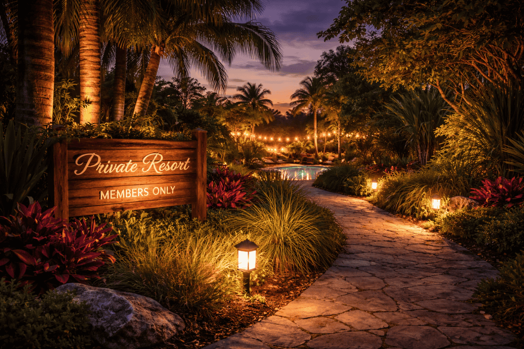 How to Find Lifestyle-Friendly Campgrounds .A stone pathway lined with lights leads to a pool at dusk, surrounded by tropical plants and a wooden sign reading "Private Resort Members Only"—an inviting oasis for those seeking a lifestyle-friendly campground experience.