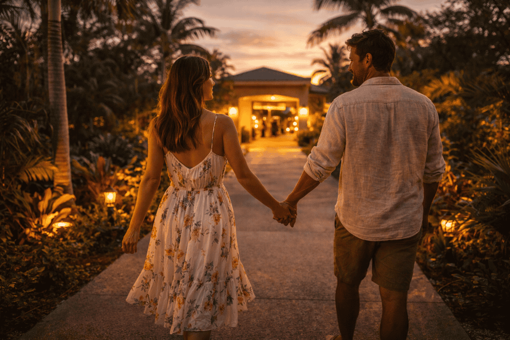 A couple holding hands walks down a garden path at sunset, surrounded by tropical plants and warm outdoor lighting at an upscale Orlando resort.