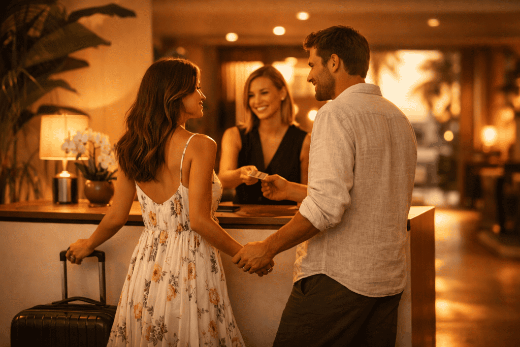 A couple checks in at a hotel front desk, holding hands and handing a credit card to a smiling receptionist. A suitcase stands beside them in a warmly lit lobby—one of the premier swinger hotels in Florida.