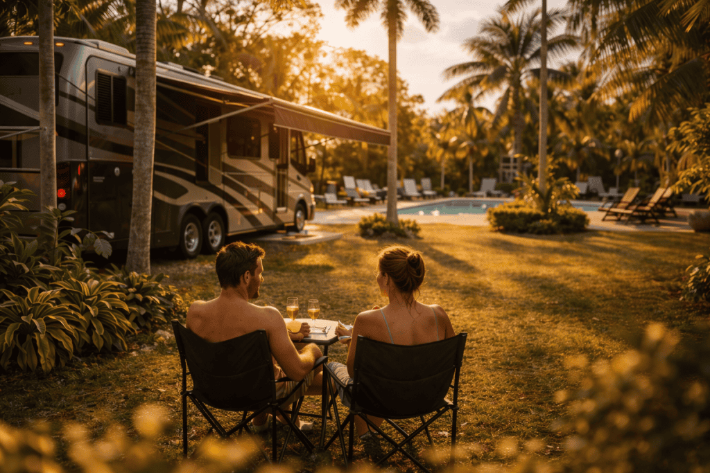 A man and woman sit in camping chairs beside an RV, dining outdoors at sunset with a pool and palm trees in the background—capturing the relaxed vibe found at top Florida Swinger RV Resorts featured in the 2026 Guide.