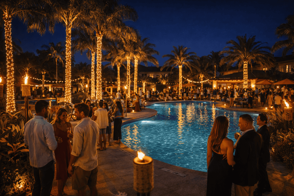People gather around a lit swimming pool at night, surrounded by palm trees wrapped in lights, for an outdoor social event at a premier Florida swinger resort.