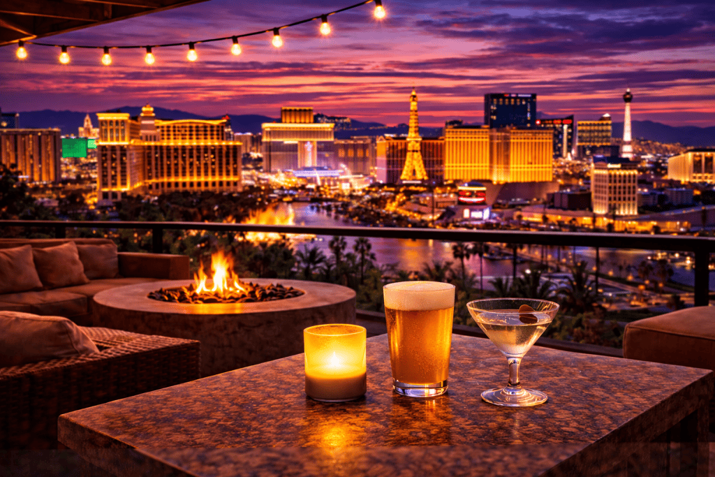 Drinks and a candle on a table with a firepit and lounge seating, overlooking the illuminated Las Vegas Strip at sunset—perfect for unwinding after an exciting evening at on premise clubs Las Vegas.